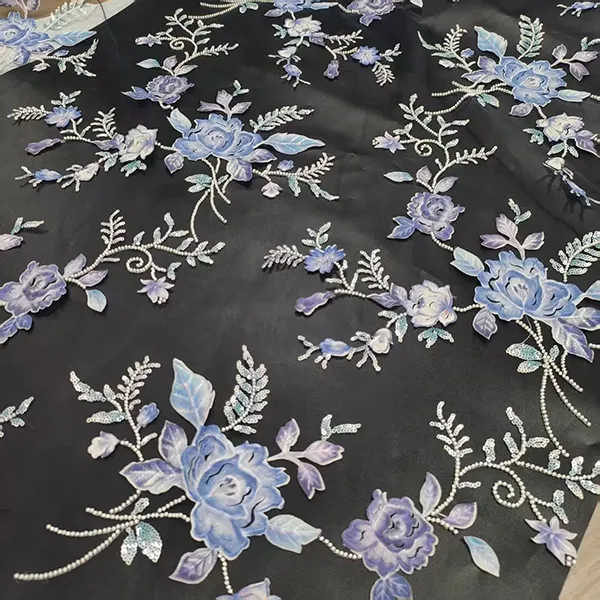 3D Embroidery Flower Applique Beads at Sequins Embroidered Lace Fabric