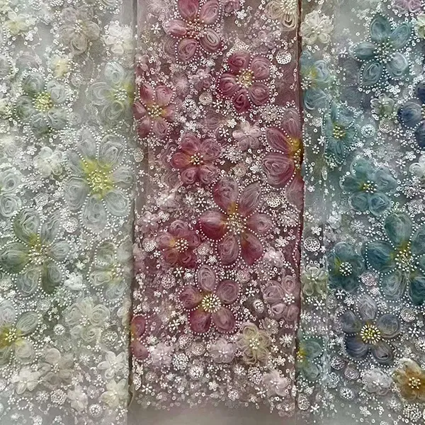 3d Ribbon Flower Embroidery Net Fabric na may Sequins at Beads