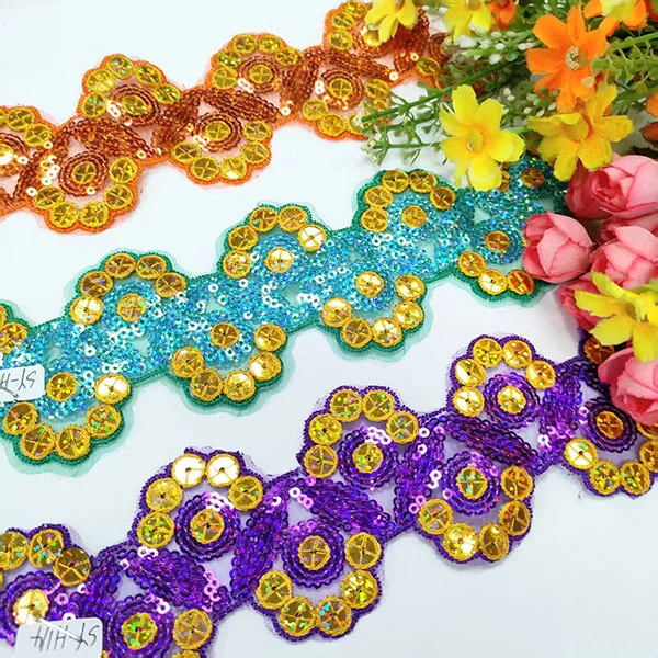 Ang pagbuburda ng multicolor sequins mesh lace trimming