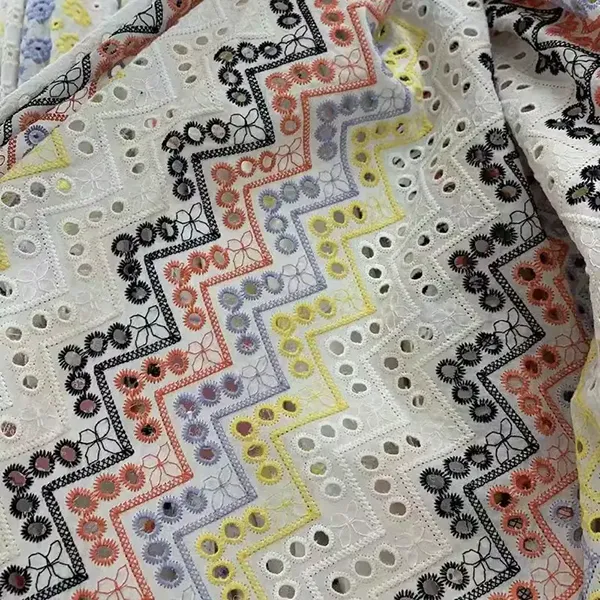 New Arrival 3d Flower Decorated 100 Cotton Embroidery Lace Fabric With Eyelet Holes For Women Shirt Clothing