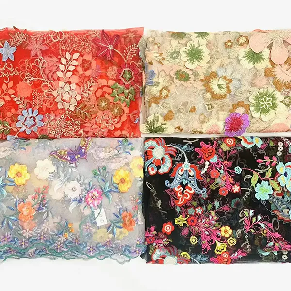 Wholesale Embroidery Birds And Flowers Pattern Chemical Lace Embroidery Tulle Fabric
