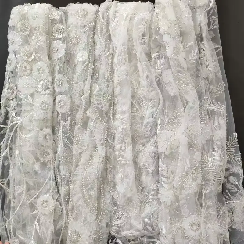 Wholesale Beautiful 3d Flower Beaded Cheap Textile Embroidery Fabric Swiss Voile Lace Trim 2021