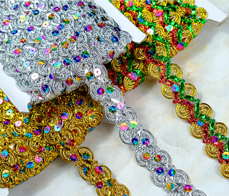 Mga Kagamitan sa Damit Ginto at Silver Metallic Border Lace Trim Metallic Gold Sequins Embroidery Tatting Lace Trim