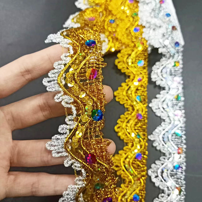 Mga Kagamitan sa Damit Ginto at Silver Metallic Border Lace Trim Multicolor Sequin Gold Thread Metallic Lace Trim