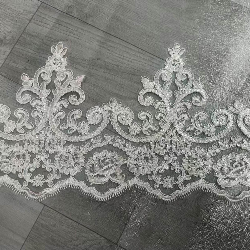 Luxury White Bridal French Lace na may burda ng bridal lace trim para sa damit na pangkasal