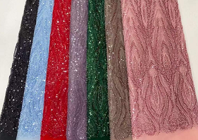 Lace na tela na may mga sequins at perlas para sa damit na pangkasal sa kasal