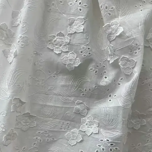 3D bulaklak na pinalamutian 100% cotton embroidery lace tela na may mga butas ng eyelet