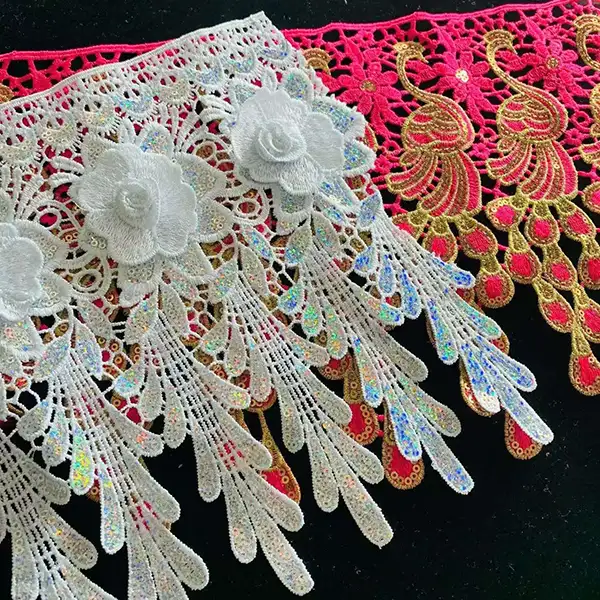 Pakyawan 25cm pagbuburda polyester trim ab sequins lace na may 3D rosas na bulaklak para sa damit